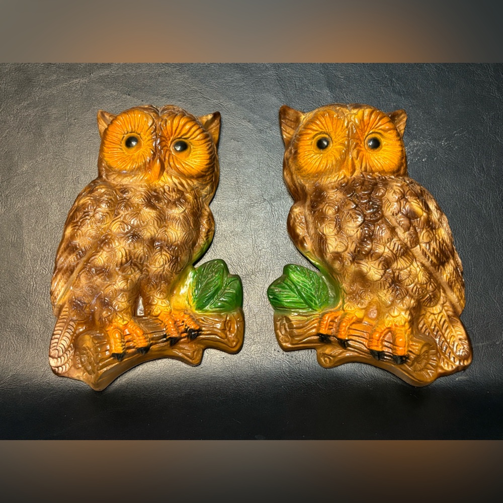Set of Vintage 1970’s Chalk Owl Wall Hangings - Brown & Orange with Green Leaves